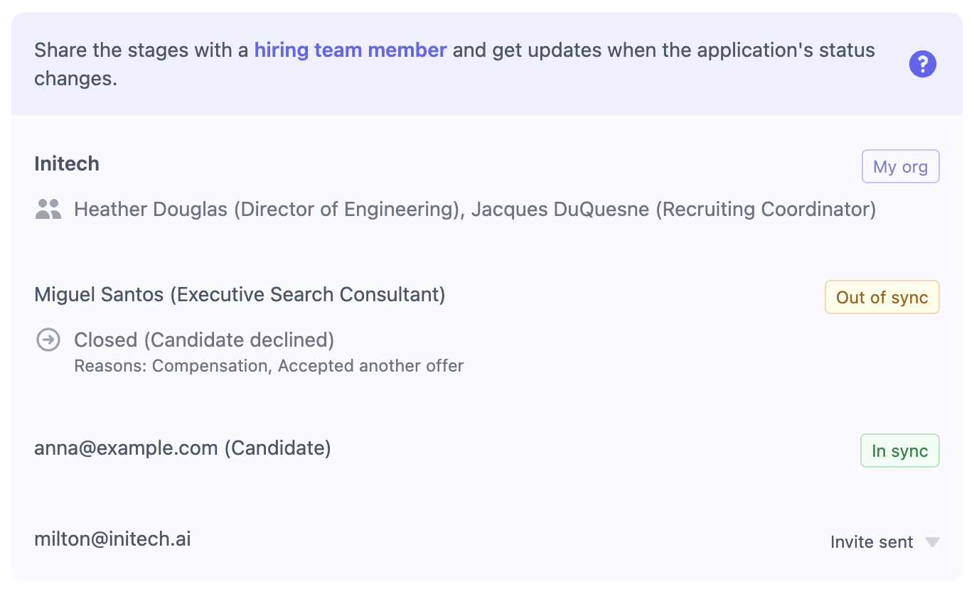 List of connected and invited hiring team members